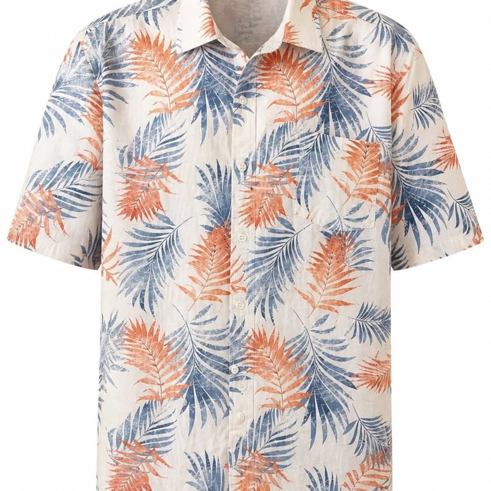 Chaps Cotton-Linen Blend Short Sleeve Button-Up Shirt, Tropical Palm Print, Size